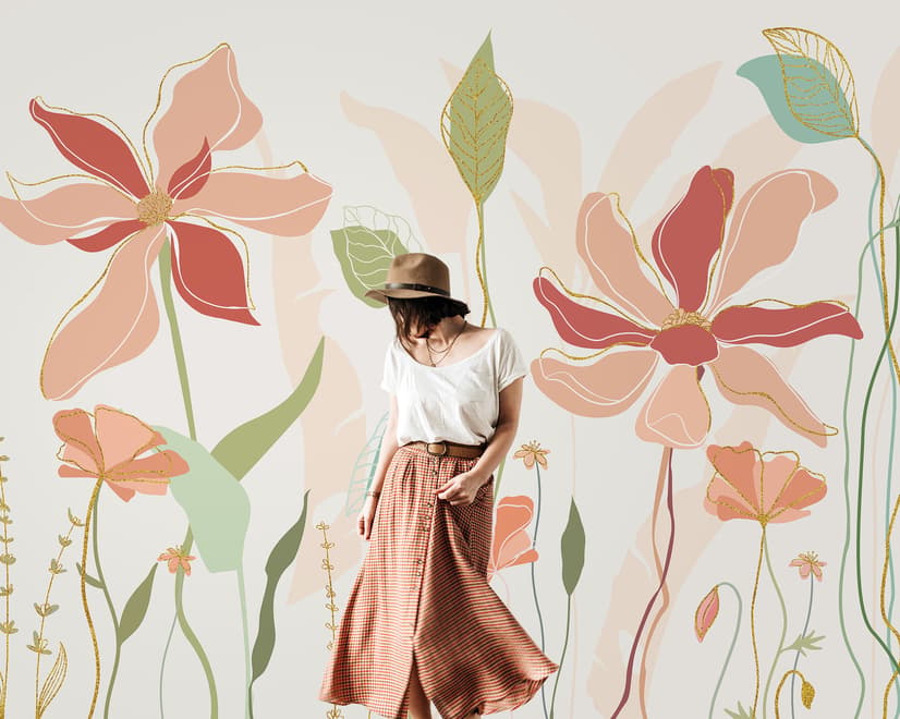Papier peint panoramique floral doré pour le jardin