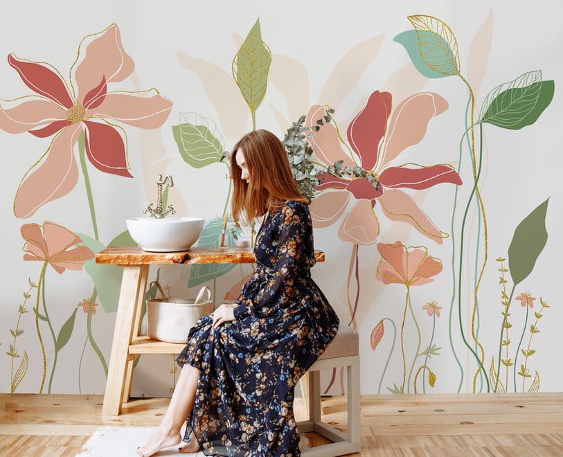 Gold Look Floral Garden Drawing Art Wallpaper Mural