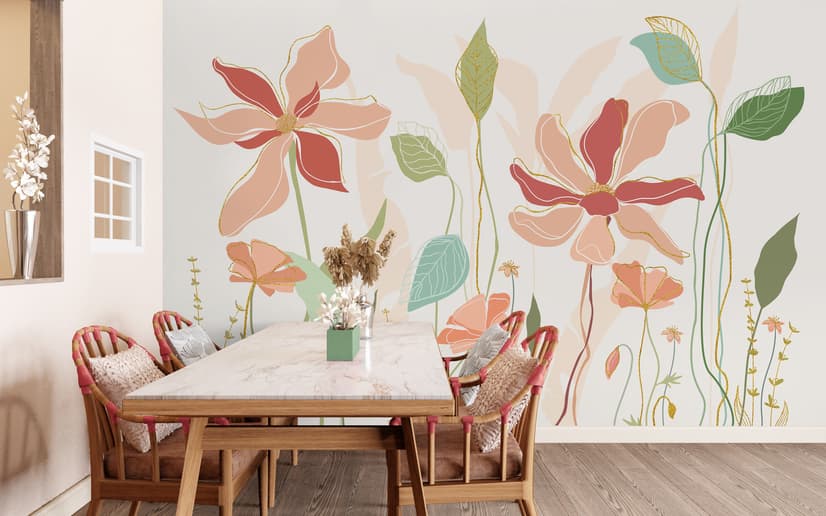 Gold Look Floral Garden Drawing Art Wallpaper Mural
