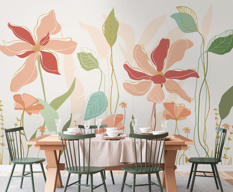 Gold Look Floral Garden Drawing Art Wallpaper Mural