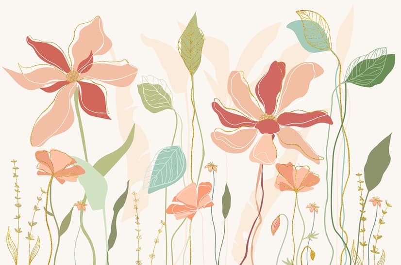 Gold Look Floral Garden Drawing Art Wallpaper Mural