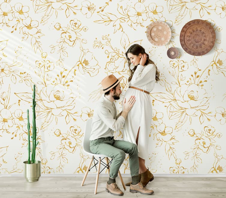 Gold Look Peony Floral Drawing Bright Flower Art Wallpaper Mural