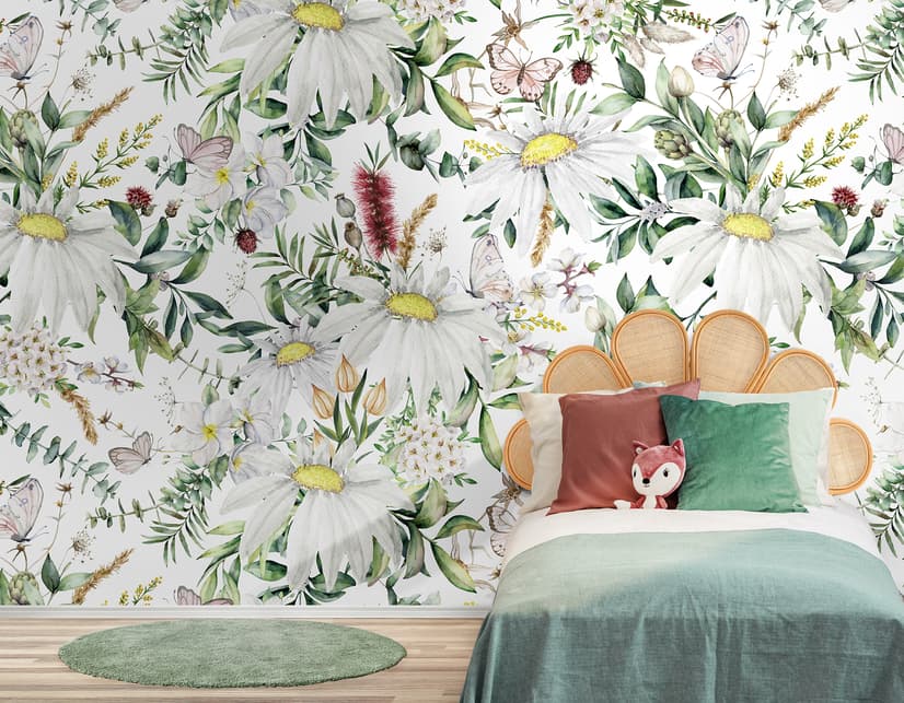 Bright Daisy Flower Bouquet with Green Leaves Wallpaper Mural