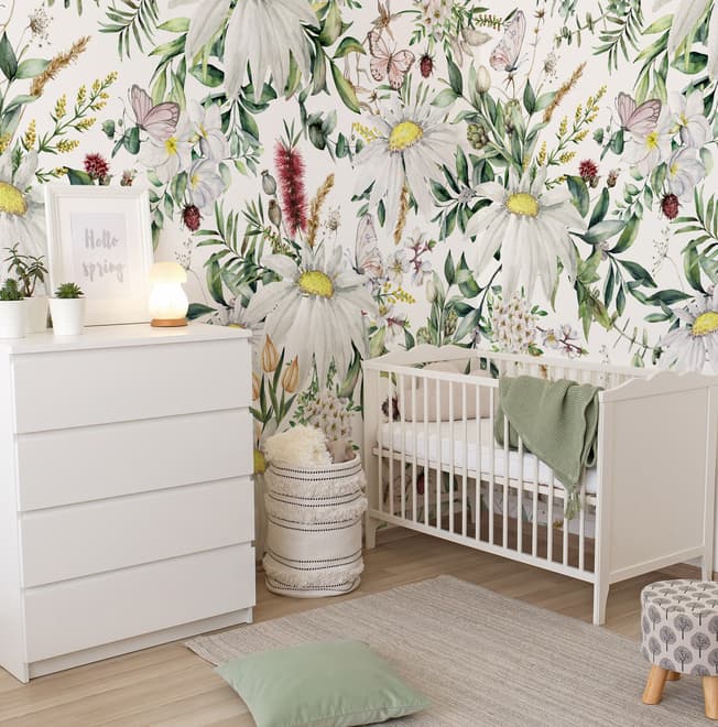 Bright Daisy Flower Bouquet with Green Leaves Wallpaper Mural
