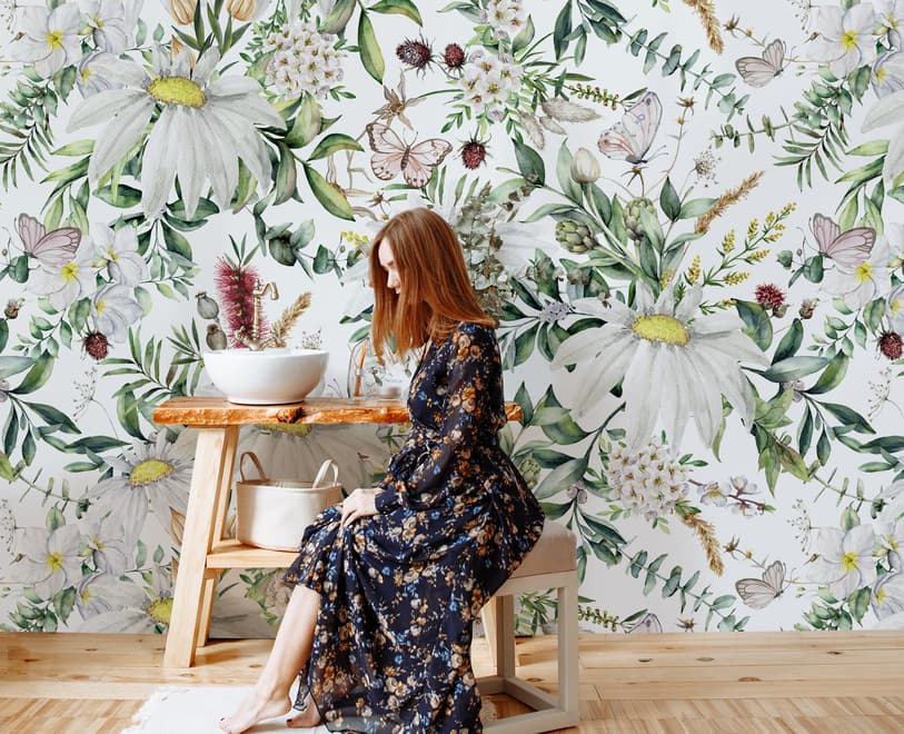 Bright Daisy Flower Bouquet with Green Leaves Wallpaper Mural