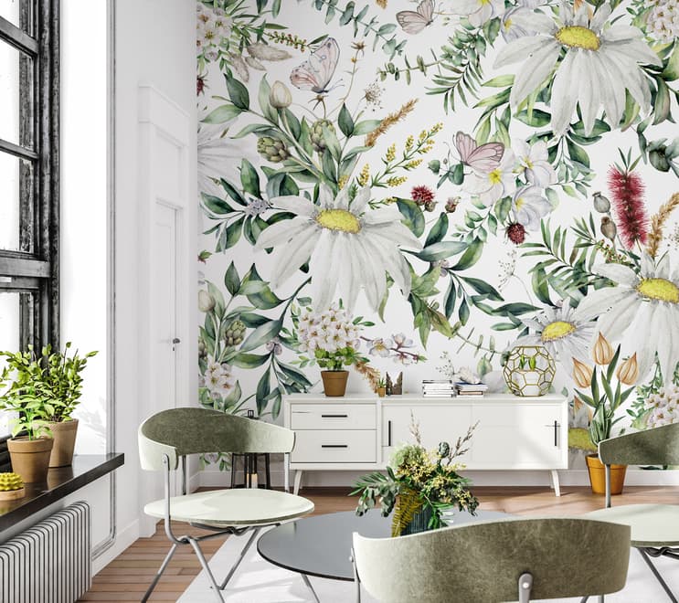 Bright Daisy Flower Bouquet with Green Leaves Wallpaper Mural