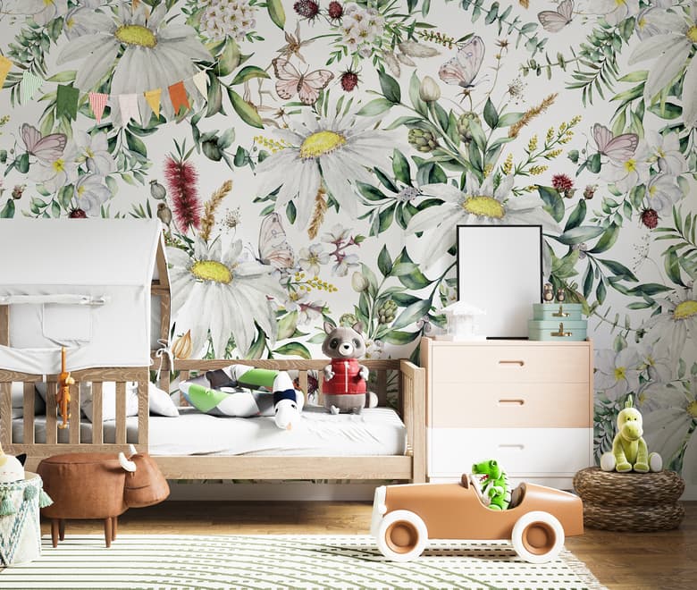Bright Daisy Flower Bouquet with Green Leaves Wallpaper Mural