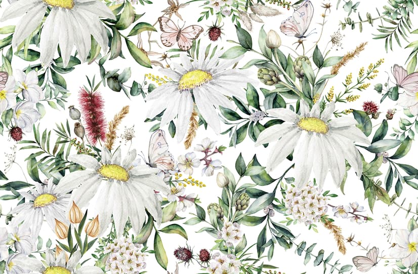 Bright Daisy Flower Bouquet with Green Leaves Wallpaper Mural