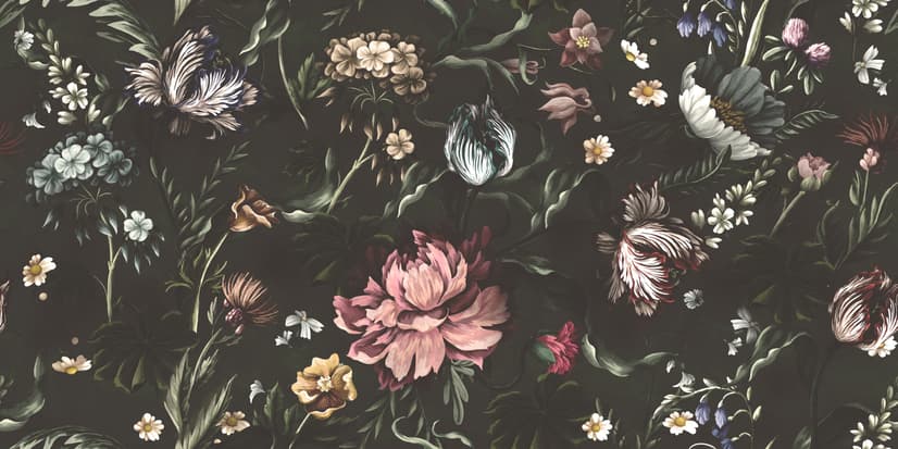Niederländische Blumen Pfingstrose mit Tulpen Dunkle Blumen Fototapete