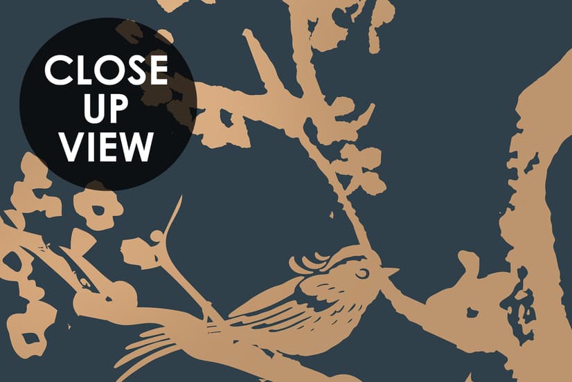 Gold Faux Tree Blossom Branch Silhouette with Birds Wallpaper Mural