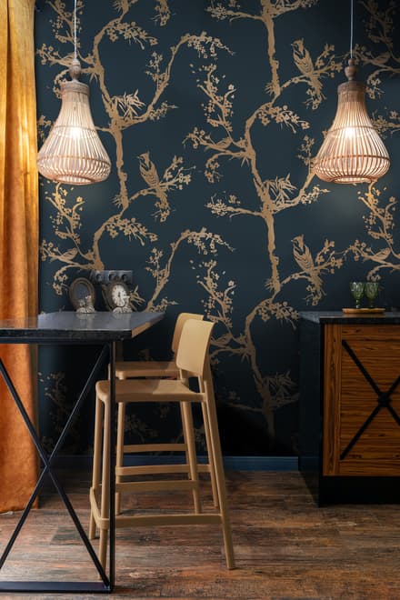 Gold Faux Tree Blossom Branch Silhouette with Birds Wallpaper Mural