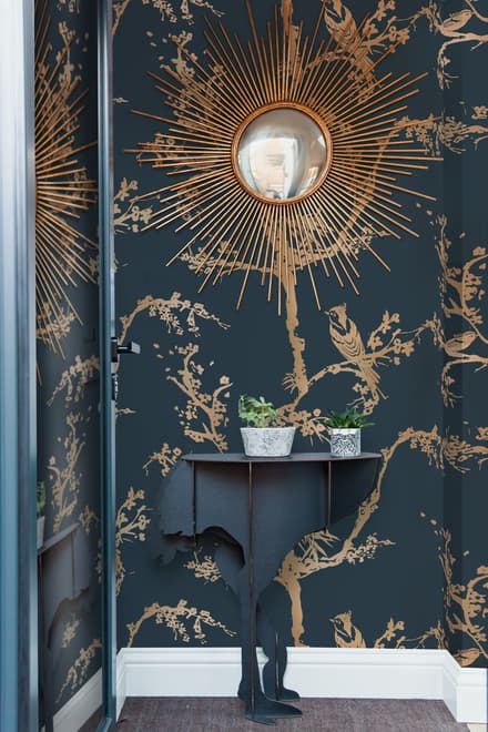 Gold Faux Tree Blossom Branch Silhouette with Birds Wallpaper Mural