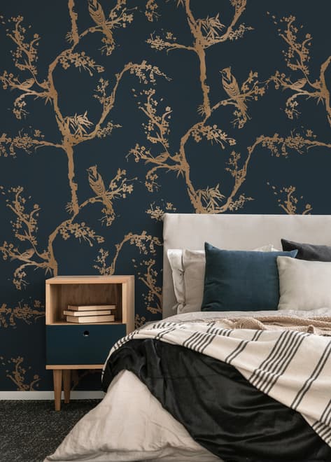 Gold Faux Tree Blossom Branch Silhouette with Birds Wallpaper Mural