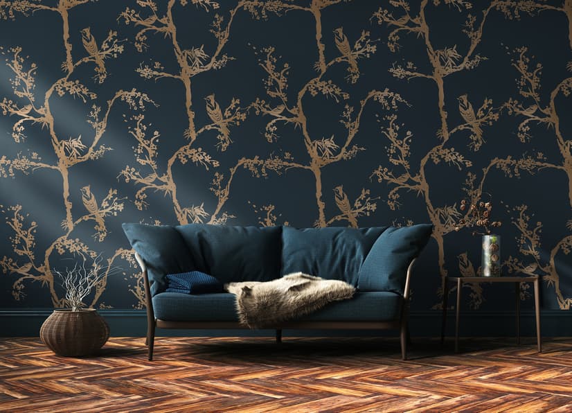 Gold Faux Tree Blossom Branch Silhouette with Birds Wallpaper Mural