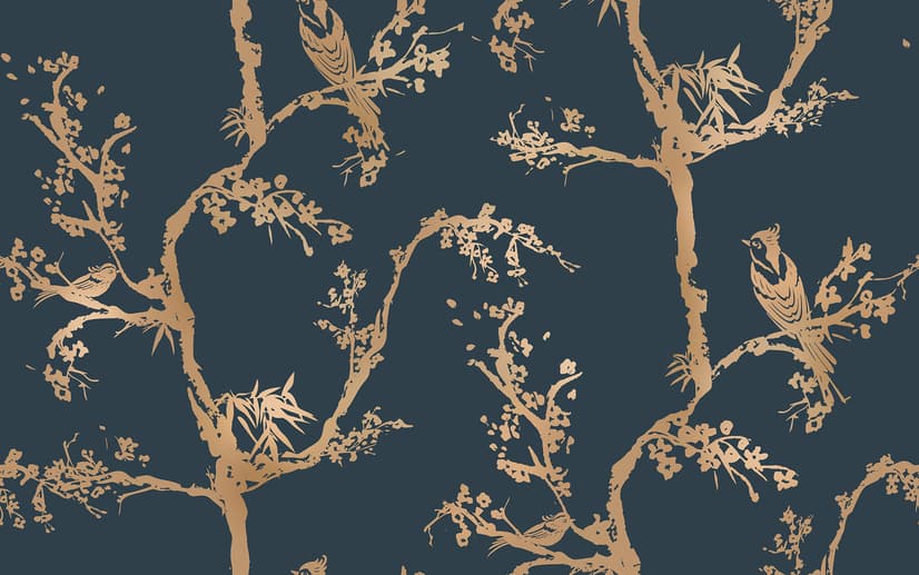 Gold Faux Tree Blossom Branch Silhouette with Birds Wallpaper Mural