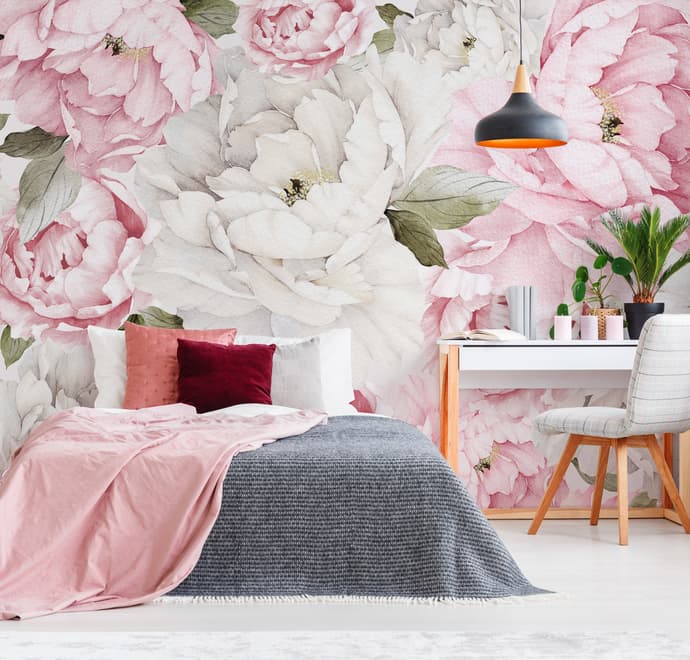 Nursery Watercolor Pink Peony Floral Blossom Wallpaper Mural