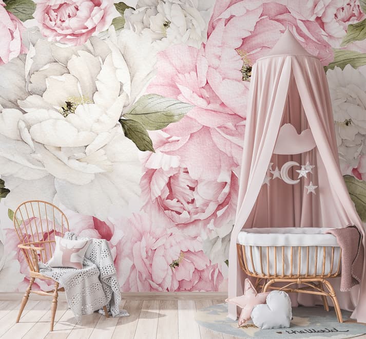 Fototapete Aquarell Rosa Pfingstrose Blumenblüte für das Kinderzimmer