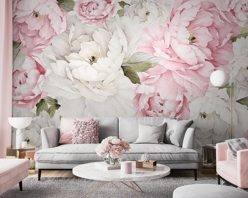 Nursery Watercolor Pink Peony Floral Blossom Wallpaper Mural
