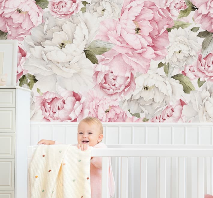 Nursery Watercolor Pink Peony Floral Blossom Wallpaper Mural