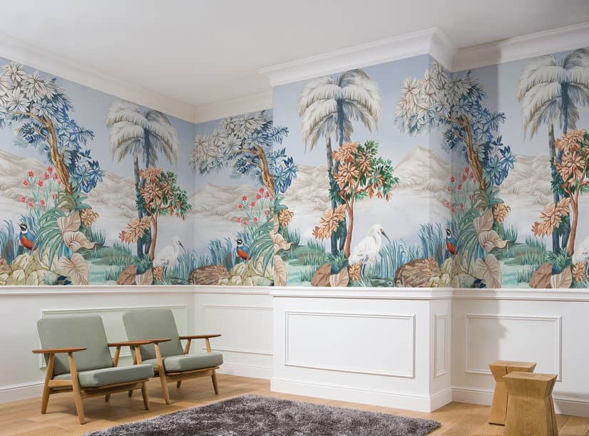 Art Painting Colorful Landscape with Heron Birds Wallpaper Mural