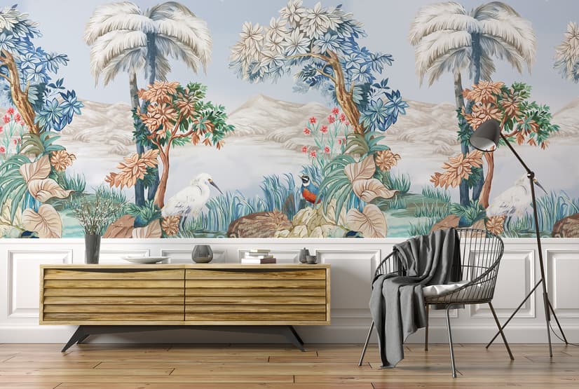 Art Painting Colorful Landscape with Heron Birds Wallpaper Mural