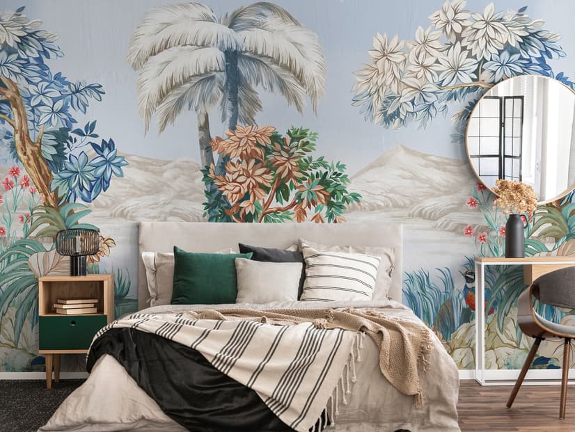 Art Painting Colorful Landscape with Heron Birds Wallpaper Mural
