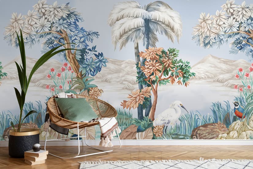 Art Painting Colorful Landscape with Heron Birds Wallpaper Mural
