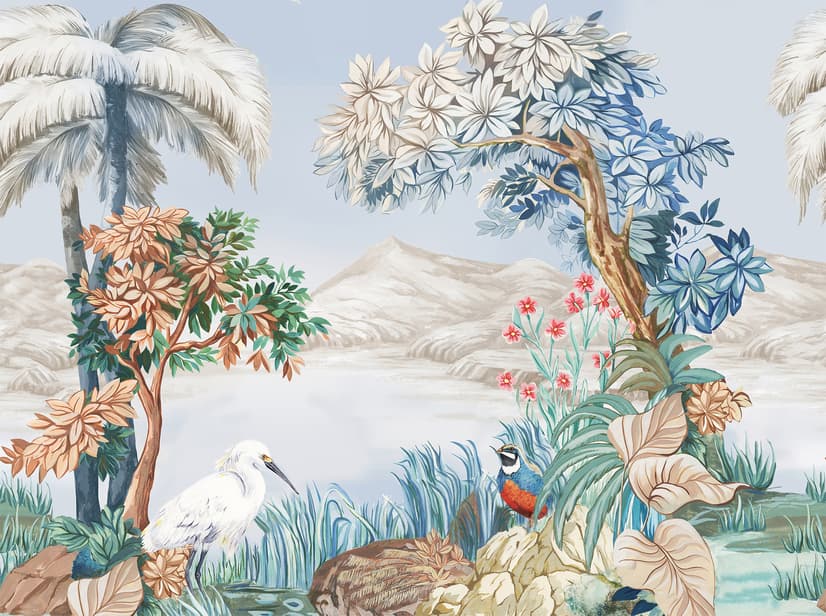 Art Painting Colorful Landscape with Heron Birds Wallpaper Mural
