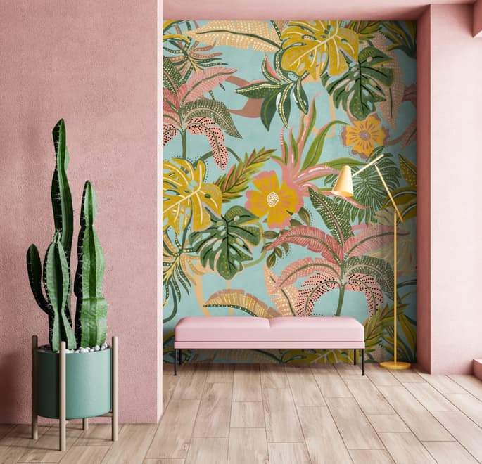 Papier peint panoramique aquarelle colorée, été, feuilles tropicales
