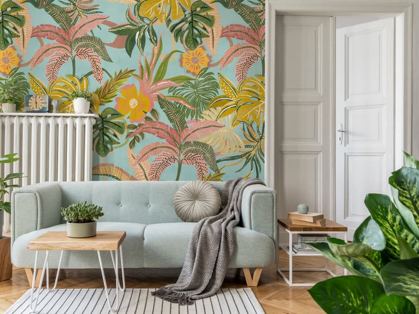 Papier peint panoramique aquarelle colorée, été, feuilles tropicales