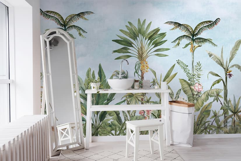 Watercolor Pink Tropical Chinoiserie Wallpaper Mural