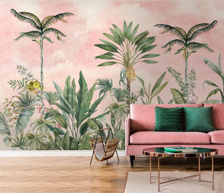 Watercolor Pink Tropical Chinoiserie Wallpaper Mural