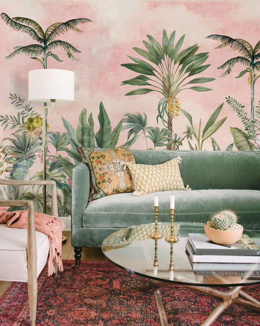 Watercolor Pink Tropical Chinoiserie Wallpaper Mural
