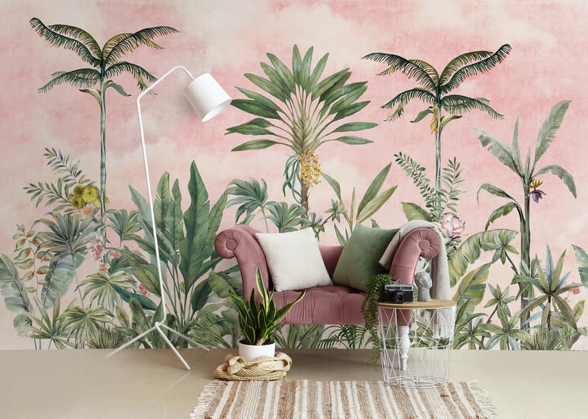 Watercolor Pink Tropical Chinoiserie Wallpaper Mural