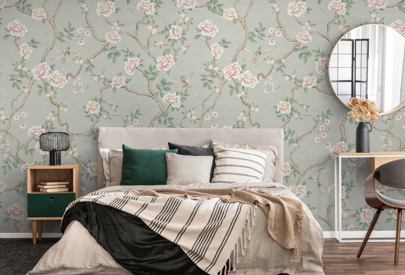 Papier peint art chinois doux avec pivoine et fleur d'arbre
