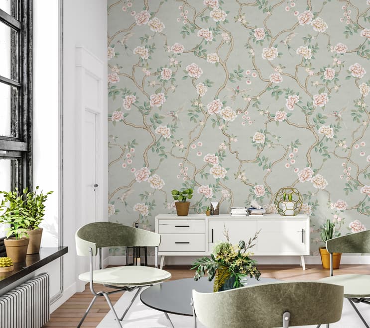 Soft Chinoiserie Peony Tree Blossom Art Wallpaper Mural