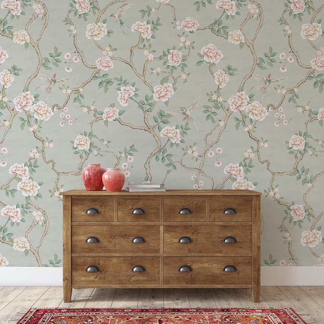 Soft Chinoiserie Peony Tree Blossom Art Wallpaper Mural