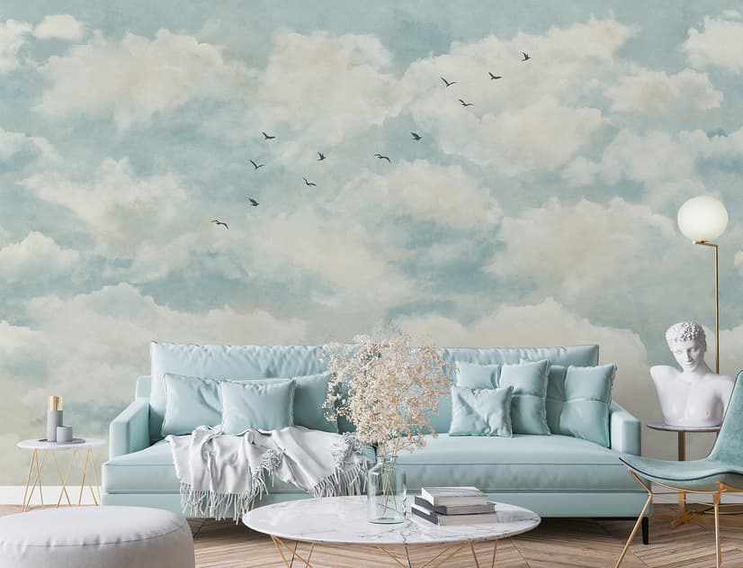 Papier peint nuages abstraits et oiseaux