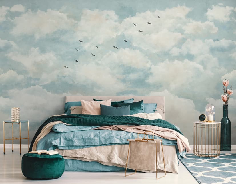 Abstract Clouds with Birds Wallpaper Mural