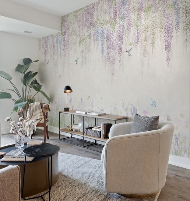 Watercolor Hanging Wisteria Flowers with Hummingbirds Wallpaper Mural 
