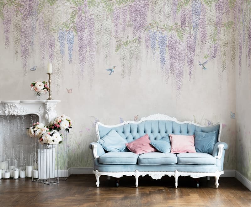 Watercolor Hanging Wisteria Flowers with Hummingbirds Wallpaper Mural 