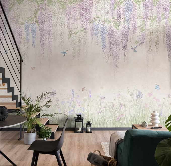 Watercolor Hanging Wisteria Flowers with Hummingbirds Wallpaper Mural 