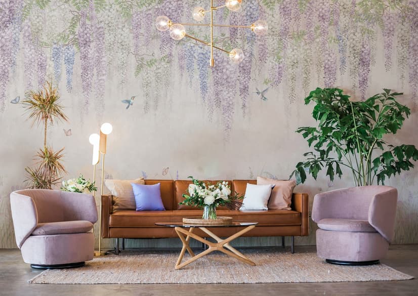 Watercolor Hanging Wisteria Flowers with Hummingbirds Wallpaper Mural 