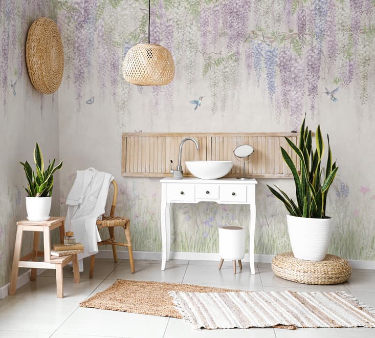 Watercolor Hanging Wisteria Flowers with Hummingbirds Wallpaper Mural 