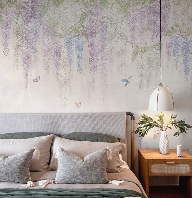 Watercolor Hanging Wisteria Flowers with Hummingbirds Wallpaper Mural 