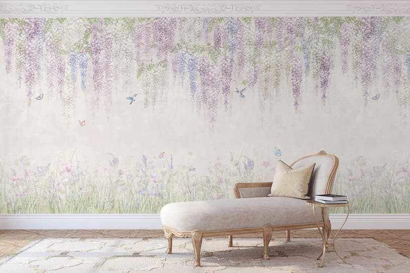Watercolor Hanging Wisteria Flowers with Hummingbirds Wallpaper Mural 