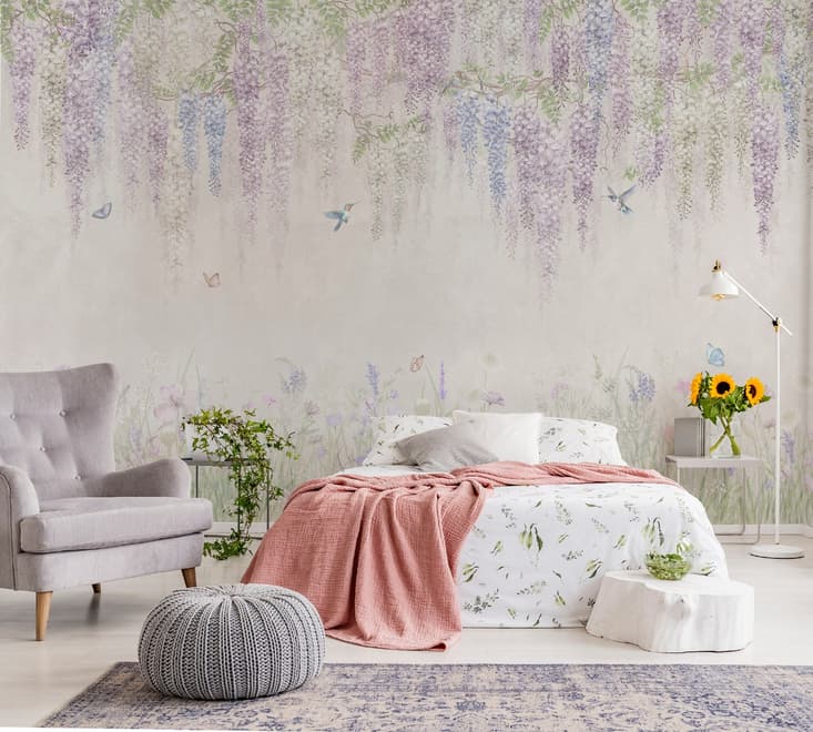 Watercolor Hanging Wisteria Flowers with Hummingbirds Wallpaper Mural 