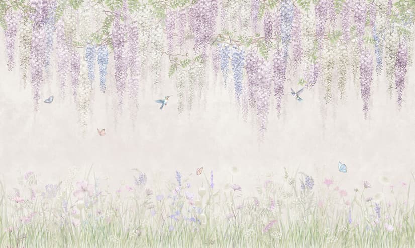 Watercolor Hanging Wisteria Flowers with Hummingbirds Wallpaper Mural 