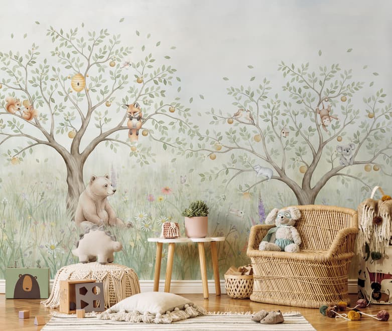 Papier Peint Panoramique Enfants Animaux de la Forêt Pastels Doux