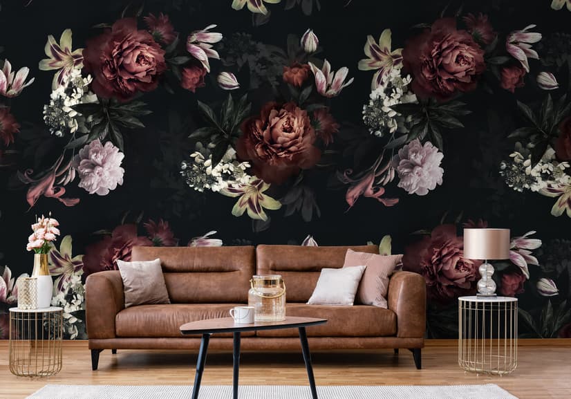 Papier peint panoramique réaliste de bouquets floraux de pivoines foncées